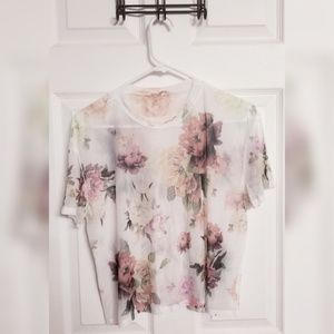 Floral Mesh White T-Shirt Size L